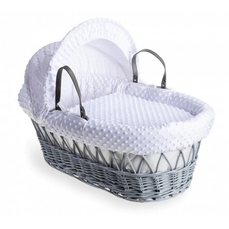 Cuddles Collection Grey Wicker Moses Basket - In White Dimples