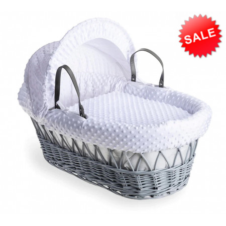 Cuddles Collection Grey Wicker Moses Basket - White Dimples