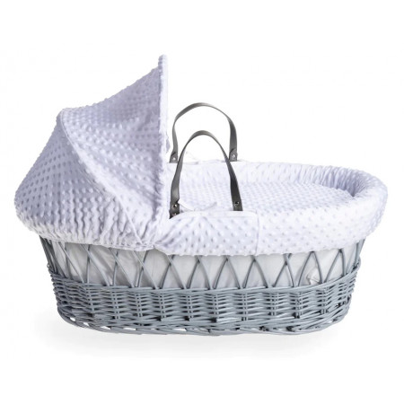 Cuddles Collection Grey Wicker Moses Basket - In White Dimples