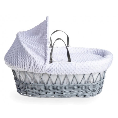 Cuddles Collection Grey Wicker Moses Basket - White Dimples