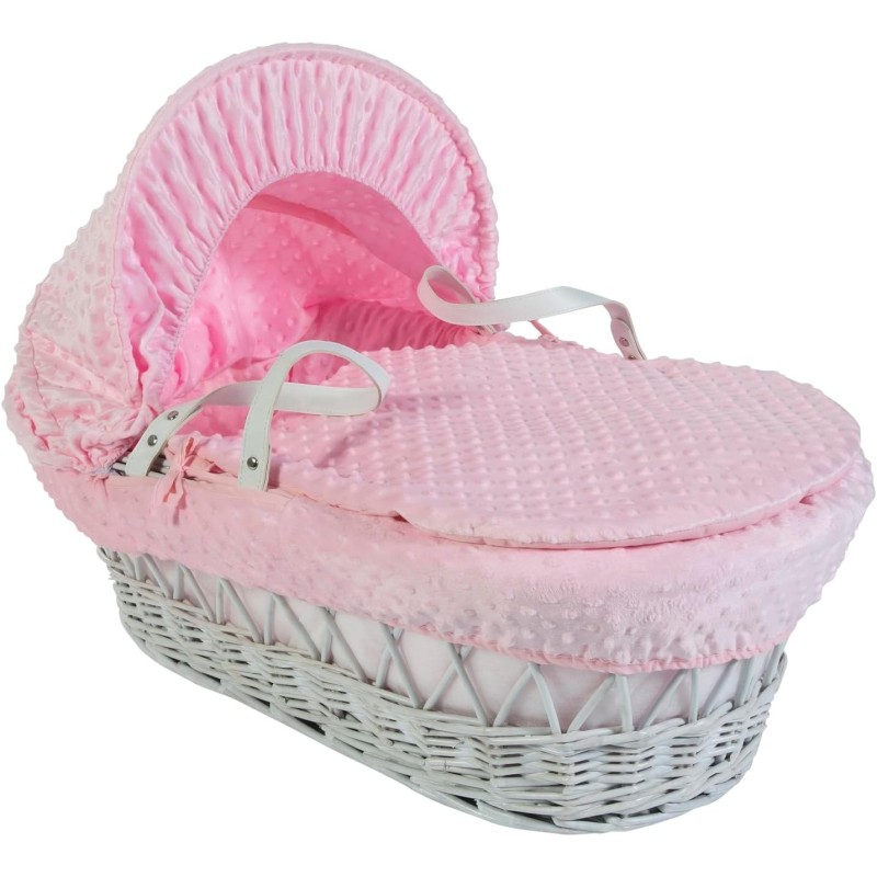 Cuddles Collection White Wicker Moses Basket - In Pink Dimples