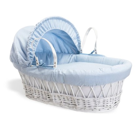 Cuddles Collection White Wicker Moses Basket - In Blue Waffle