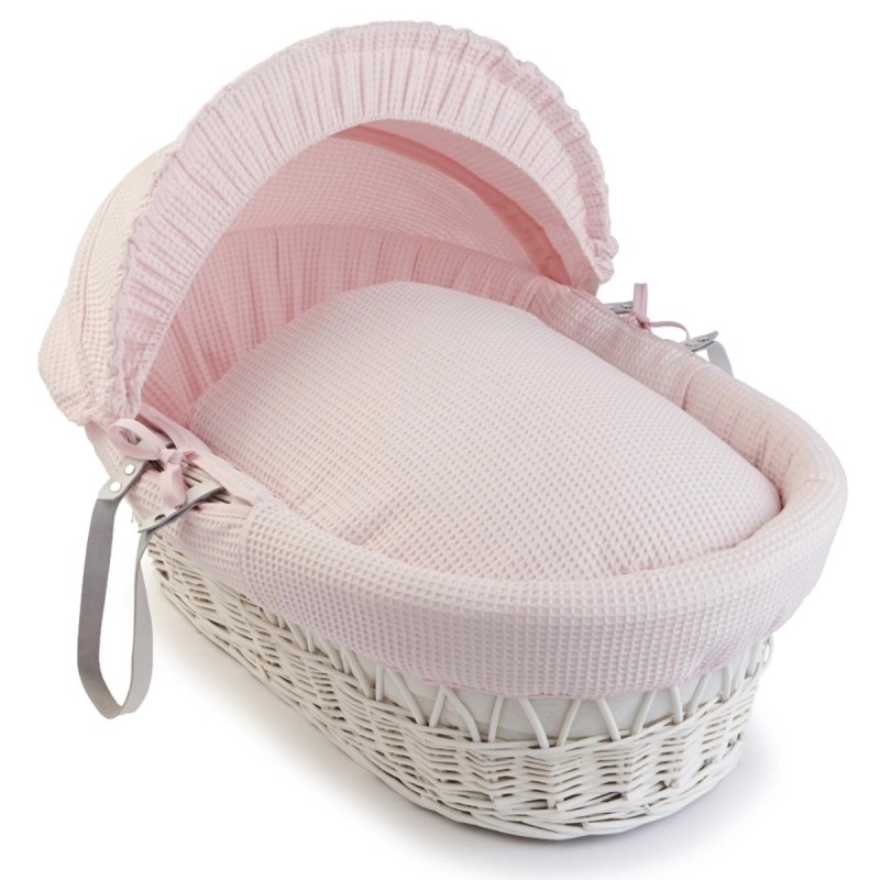 Cuddles Collection White Wicker Moses Basket - In Pink Waffle