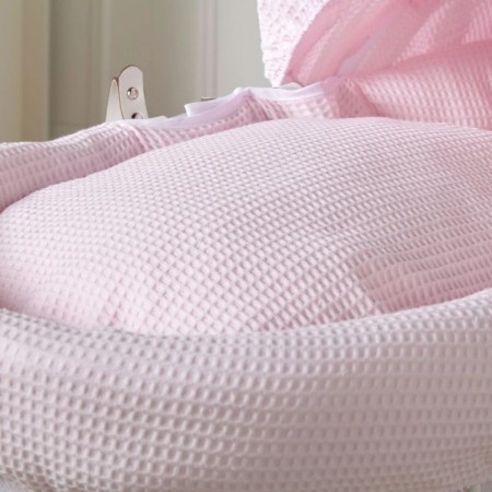 Cuddles Collection White Wicker Moses Basket - In Pink Waffle